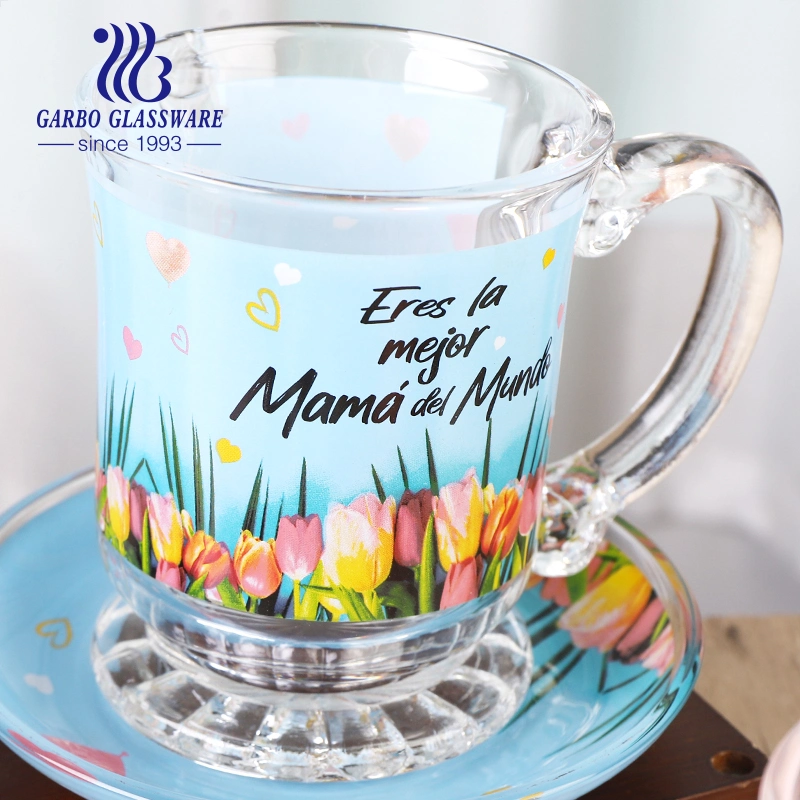 Mother′s Day Custom Decal Design Glass Mug and Saucer Tea Cup Coffee Mug Set