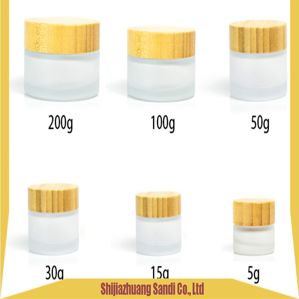 Free Sample Wooden Cosmetic Packaging Glass Frosted Cream Jar Container with Bamboo Lid