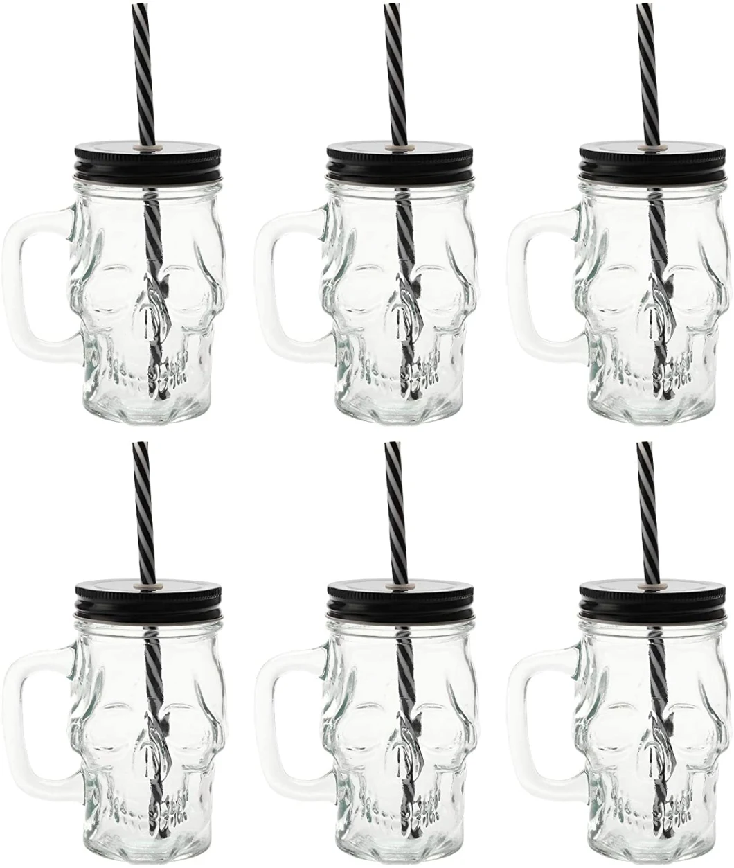 Wholesale High Quality 12oz 480ml Skull Glass Mason Jar Mug Jug with Handle with Straw for Jucie Ice Water Beer Bar and Home Bar Drinking