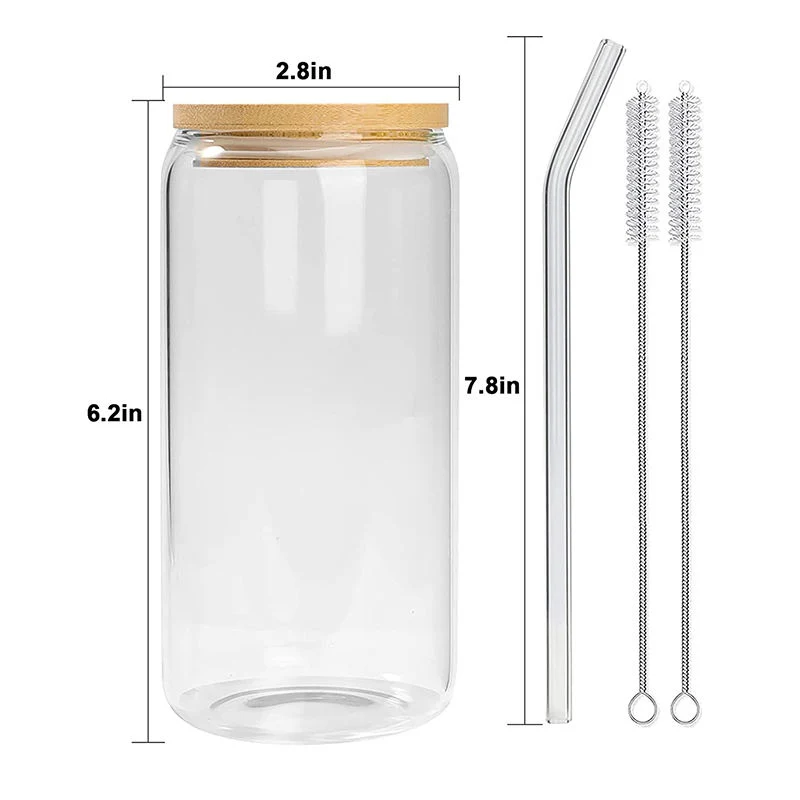 Customized Reusable Clear Glass Beer Can Shaped Tumbler Sublimation with Bamboo Lid Straw Custom Tea Cup Clear Glass Milk Coffee Cups for Cool Water