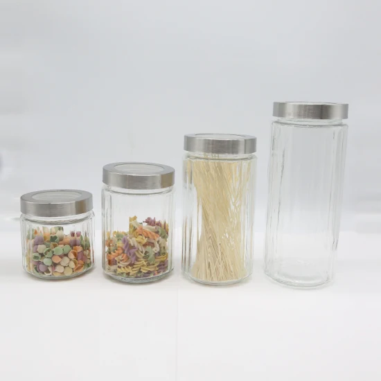 Belles boîtes de cuisine en verre avec couvercles en acier inoxydable