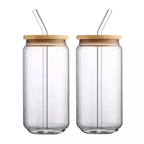 Tasse à café de jus de 25 oz stockée Gobelet en verre à sublimation droit transparent givré avec couvercle en bambou et paille