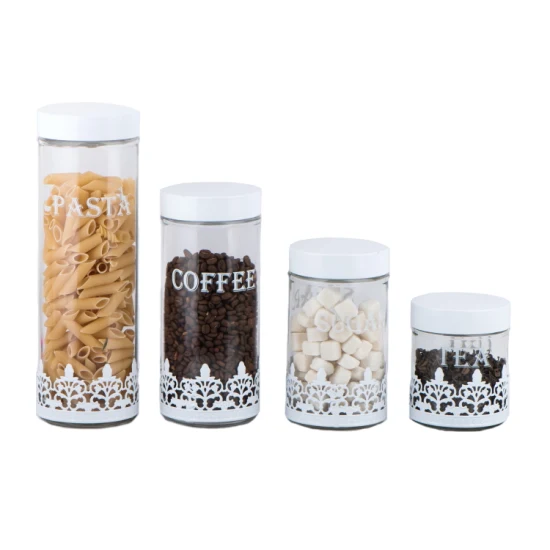 Boîte de rangement en verre pour pâtes, café, sucre, thé avec décoration en métal