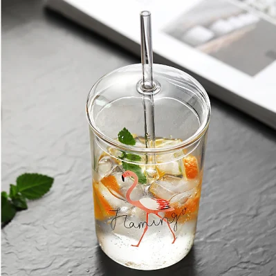 Tasse en verre borosilicaté de 500 ml, tasse en verre Flamingo avec pailles et couvercle en verre